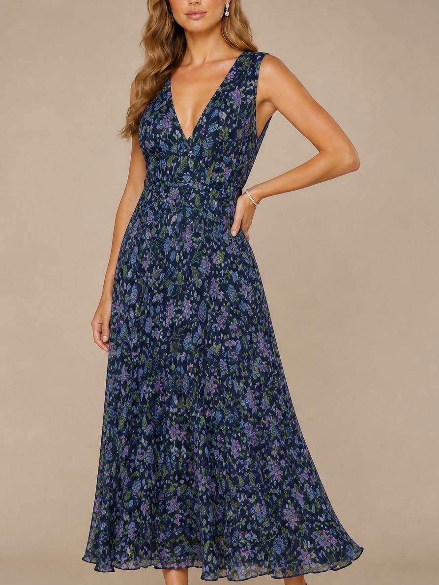 Nwt Ramy Brook Navy Floral V-Neck Pleated Detail Lined Dress Size Large